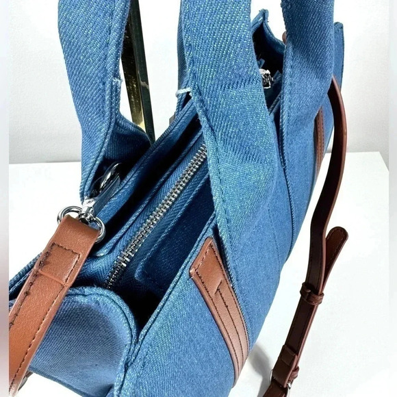 New MKF Denim Crossbody Satchel Tote Bag Blue Brown Casual Everyday - Picture 5 of 8